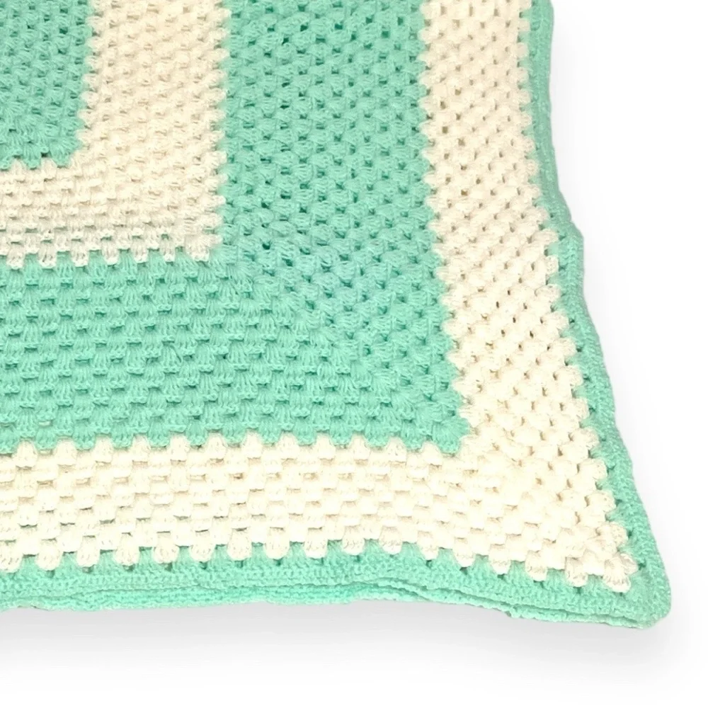 Handmade Crocheted Baby Blanket 40x40 Mint‎ Green White Cream Afghan